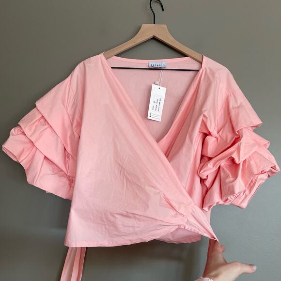 NWT LIONESS Esmerelda Wrap Top in Blush Size Small Pink Puff Sleeve Ruffles Sexy - Picture 6 of 16